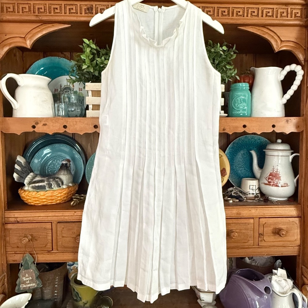 100%‎ Capri White Linen Sleeveless Pleated Dress Sz XS Made In Italy Minimalist